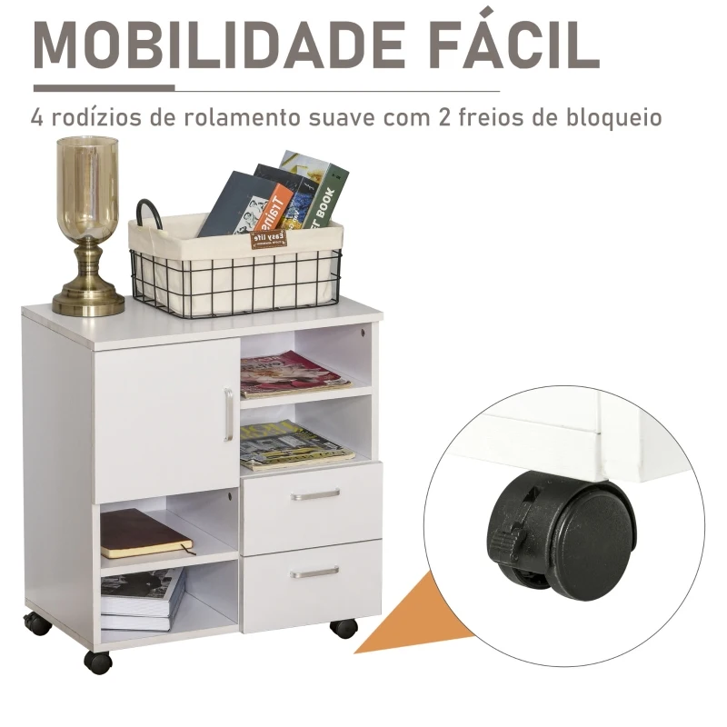 HOMCOM Móvel auxiliar de escritório com Gavetas Prateleiras e rodas multiuso 60x65x35 cm Branco