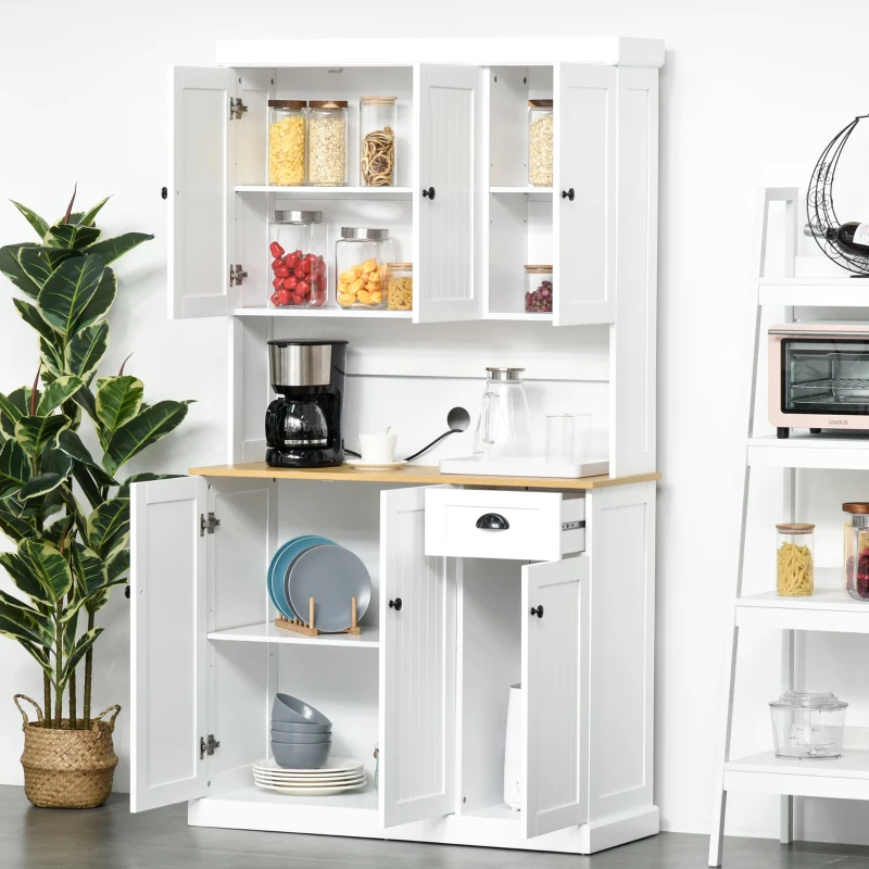 HOMCOM Armário de Cozinha Armário Organizador com 7 prateleiras e uma gaveta removível 4 portas com prateleiras ajustáveis ​​101x39x180 cm Branco