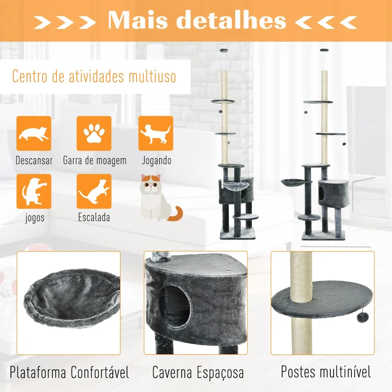 PawHut Árvore para arranhar para gatos 220-245 cm Altura Ajustável ao Teto com Plataformas Cinza Escuro
