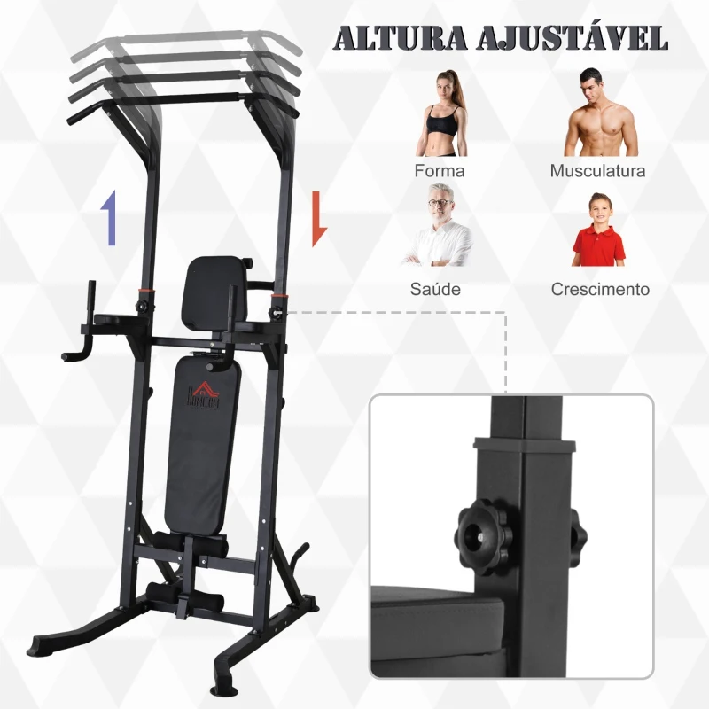 HOMCOM Estação de Musculação Torre de Treinamento Altura Ajustável com Barra de Flexões e Banco Dobrável para Fitness em Casa Academia Carga 150kg 99x178x230cm Preto