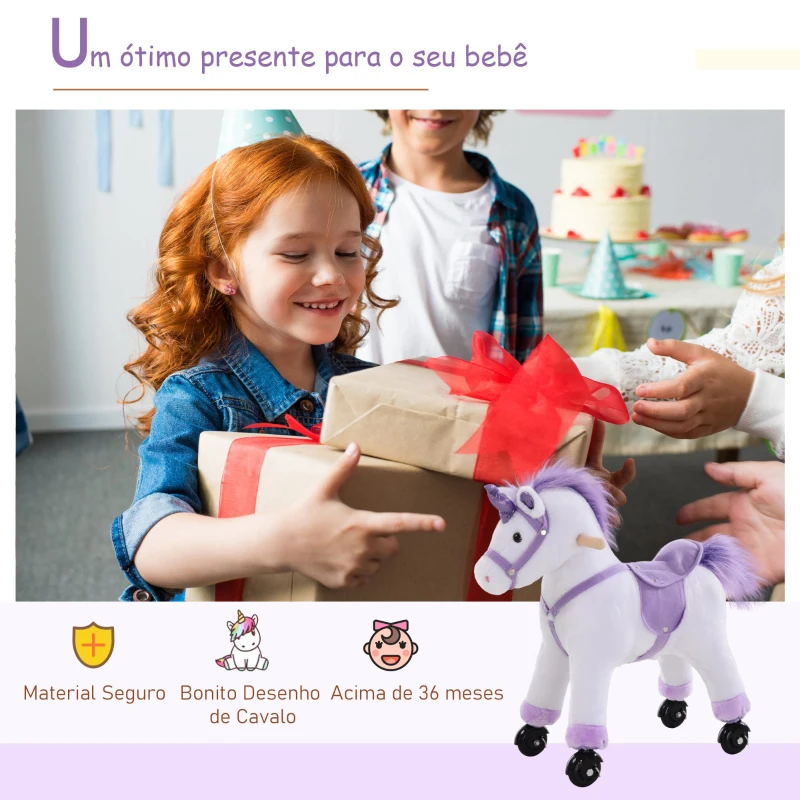 HOMCOM  Cavalo Pônei Mecânico para Montar Balancim com Rodas Brinquedo de Pelúcia Cavalo com Sons 55x23x60cm