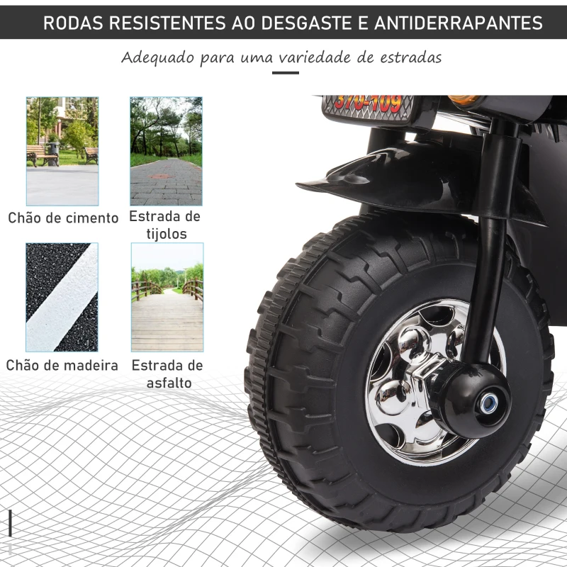 HOMCOM Mota Elétrica para Crianças de 18-36 Meses Motocicleta Infantil com 3 Rodas e Bateria 6V com Música Buzina Farol Baú 80x35x52cm Preto