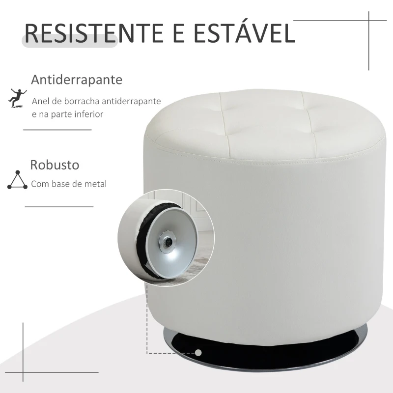 HOMCOM Apoio para os pés Otomano Giratório Banco Puff Redondo Estofado em Couro Sintético de Estilo Moderno para Dormitório Entrada Sala de Estar Ø45,5x44,5cm Branco