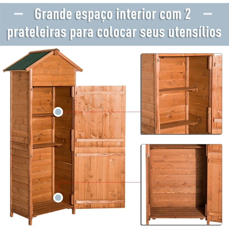Outsunny Armário de Jardim de Madeira 79x49x190 cm 0,288 m² Abrigo de Armazenamento de Ferramentas com Teto Asfáltico 3 Prateleiras e 2 Portas com Fechadura para Exterior Terraço Madeira