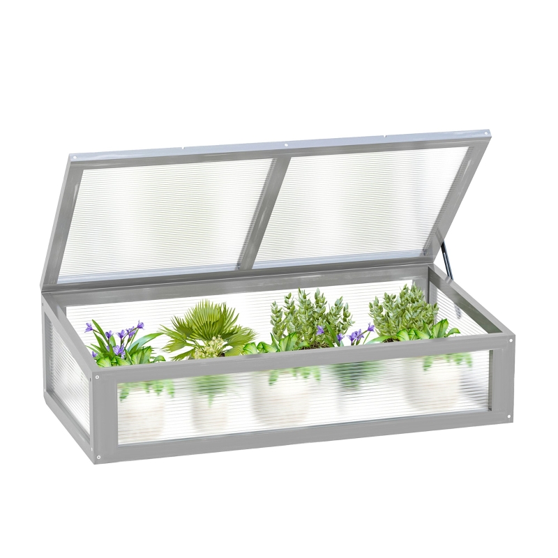 Outsunny Estufa de madeira natural e policarbonato 90x46x28 cm com tampa inclinada para plantas cinza
