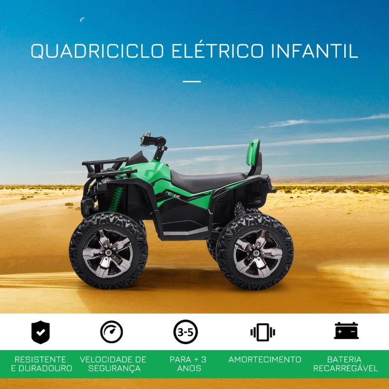 HOMCOM Quadriciclo Elétrico 12V para Crianças de 3-5 Anos com Farol Música Pneus de Suspensão Botões Avance e Retrocesso Veículo Elétrico a Bateria 100x65x73cm Verde