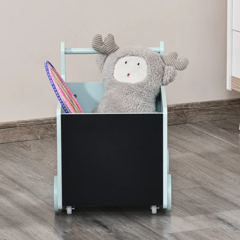 HOMCOM Caixa de Armazenamento de Brinquedos Infantil com Rodas Alça e 2 Lousas Baú de Armazenamento para Habitação de Crianças Escola Infantil Sala de Jogos 47x35x45,5cm Azul