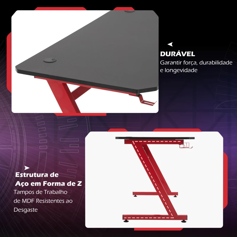 HOMCOM Secretária gaming com suporte de copo Gancho Almofadas 120x65x74,5 cm