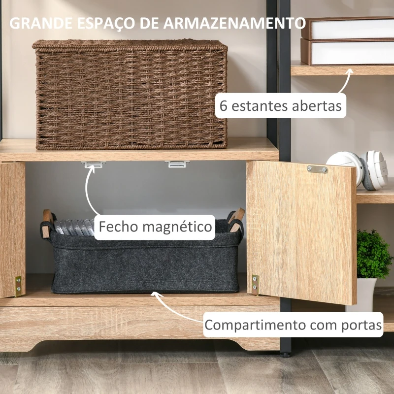 HOMCOM Estante para Livros com Múltiplas Prateleiras Abertas e 1 Armário com Porta Dupla Estante de Armazenamento para Escritório Sala de Estar 80x35x97cm Madeira Natural