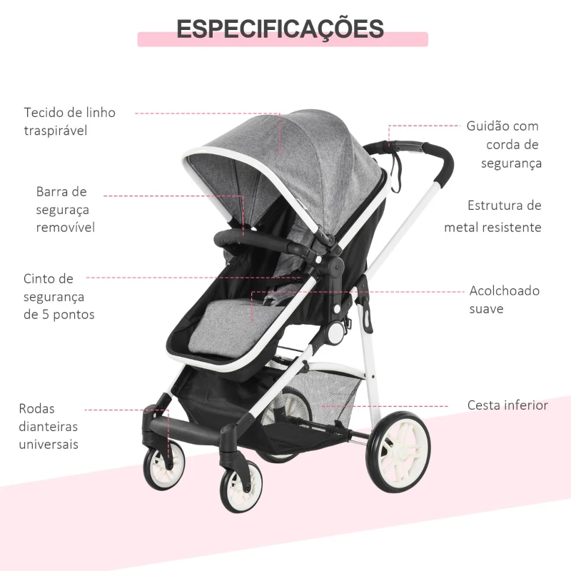 HOMCOM Carrinho de Bebé 2 em 1 Carrinho de Passeio e Alcofa para Crianças de 0 a 36 Meses com Capota Dobrável Encosto Inclinável Cesta Grande Alavanca de Freio Carga 15kg 80x51x102cm Cinza