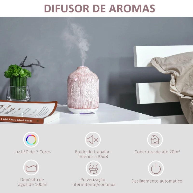 HOMCOM Difusor de Aromas 100ml Humidificador Aromaterapia com 7 Cores LED 2 Modos de Vaporização e Desligado Automático Ultra Silencioso Ø9,8x14,5cm Rosa