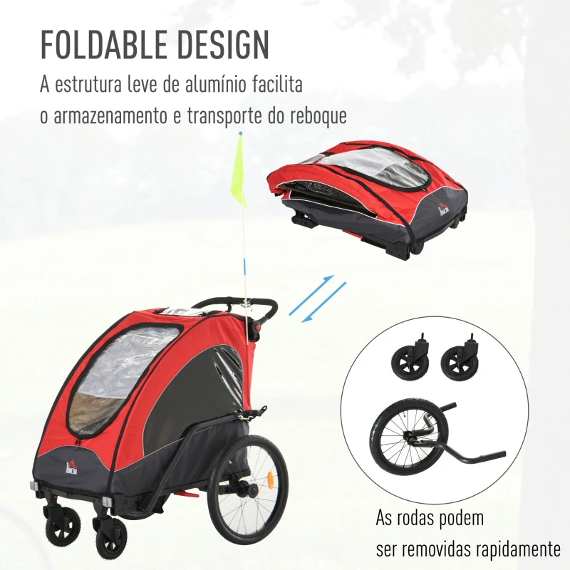 HOMCOM Reboque de criança 3 em 1 de 2 lugares para crianças acima de 6 meses Dobrável com barra rodas giratórias e guiador ajustável 150x85x107cm Vermelho
