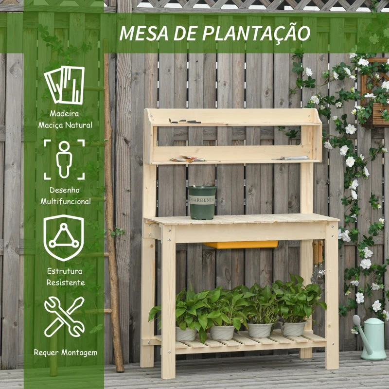 Outsunny Mesa de Plantação de Madeira Mesa para Vasos com Placa Deslizante 3 Prateleiras e Gancho para Jardim Pátio Garagem 100x40x140cm Madeira Natural