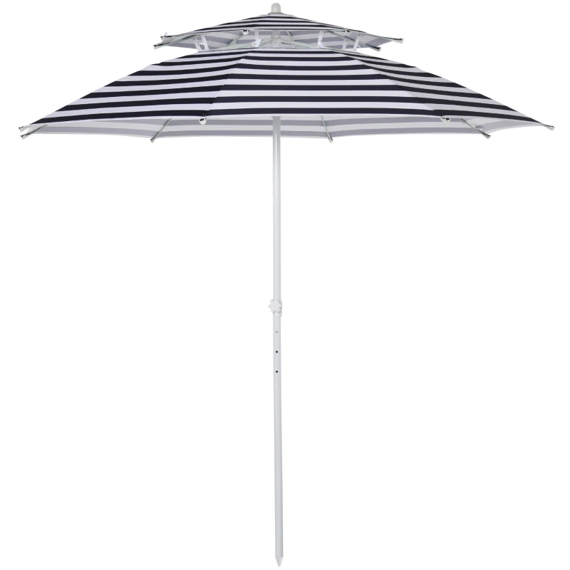 Outsunny Guarda-sol de praia de Ø220 cm de diâmetro ajustável em altura em 3 níveis com espiga e mastro destacável de teto duplo Bolsa de transporte com listras azuis