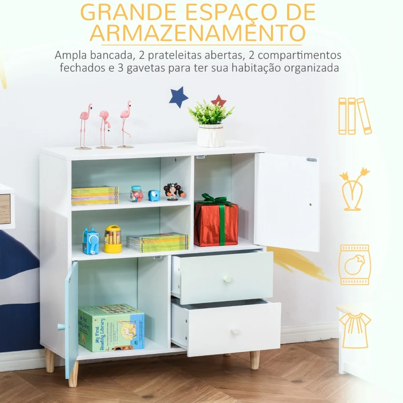 HOMCOM Móvel Infantil Cómoda para Crianças com 2 Compartimentos 2 Gavetas e 2 Armários para Armazenamento de Livros Brinquedos Roupa 80x30x85cm Azul Verde Menta Branco
