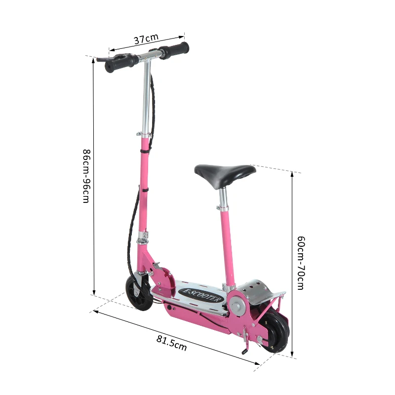 HOMCOM Trotinete Elétrica Dobrável para Crianças acima de 7 Anos com Guiador e Assento Ajustáveis 120W Velocidade Máxima 10km/h Carga Máxima 50kg 81,5x38x94cm Rosa