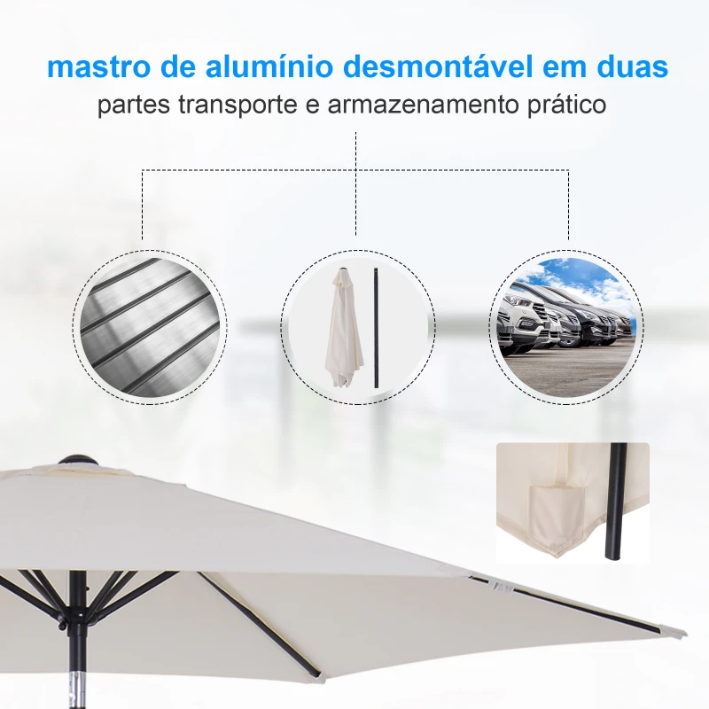 Outsunny Chapéu de Sol de Jardim Ø270x235cm Chapéu de Sol de Alumínio Reclinável com Manivela e 6 Hastes para Terraço Exterior Balcão Creme