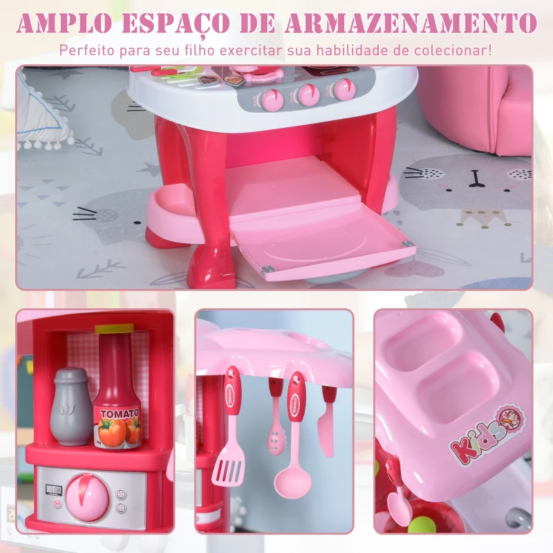 HOMCOM Conjunto de jogo de cozinha para crianças acima de 3 anos Brinquedo de jogos de papéis 38peças com função de luz e som  51 x 30 x 73 cm  rosa