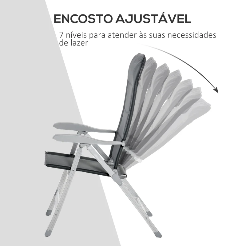 Outsunny Cadeira de jardim dobrável de alumínio com encosto alto ajustável de 7 posições e encosto de cabeça acolchoado 75x61,5x114,5 cm cinza