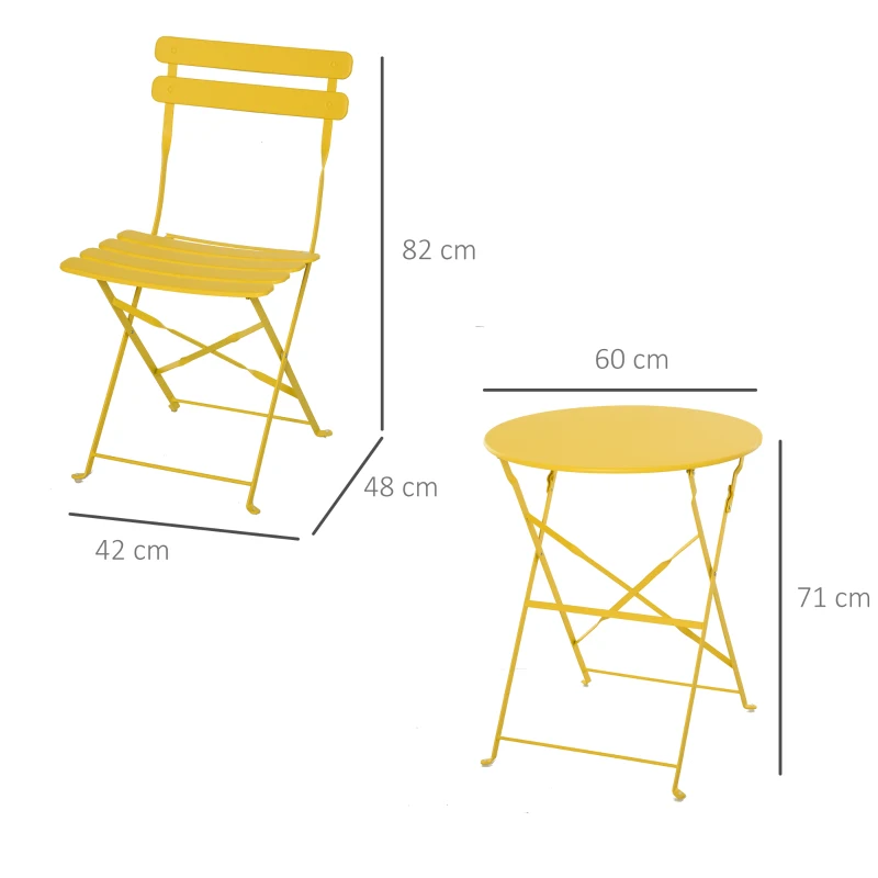 Outsunny Conjunto de móveis de jardim dobrável de 3 peças Mesa de metal e 2 cadeiras  Ø60x71 cm amarelo