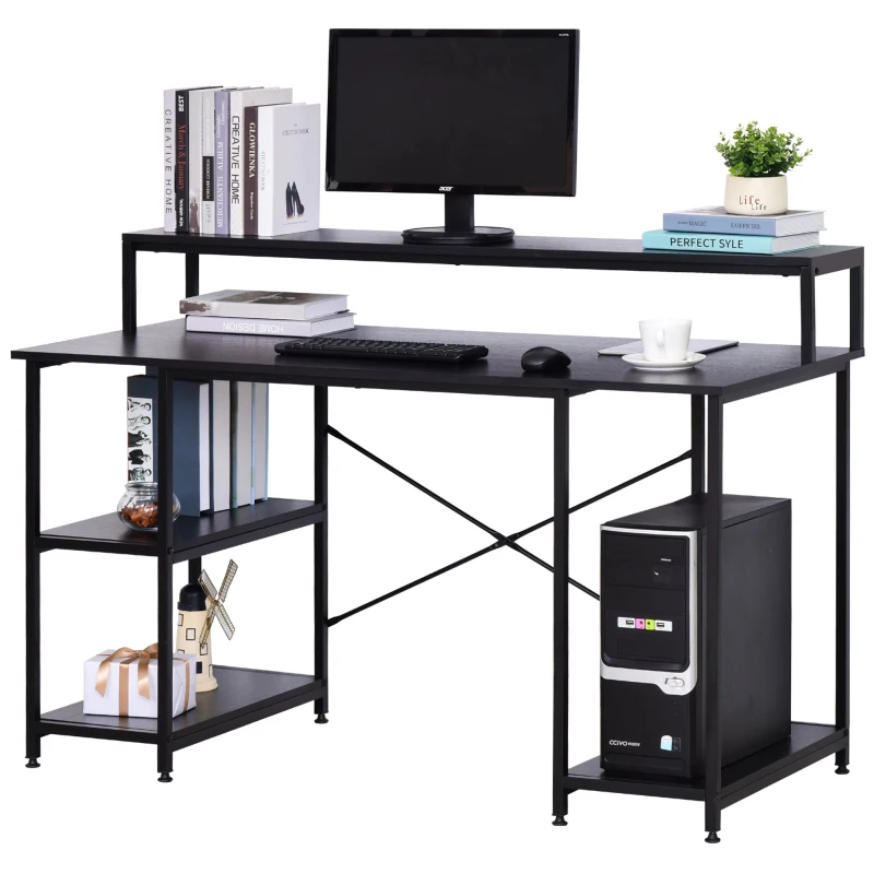 HOMCOM Mesa para Computador com Prateleiras Pés Ajustáveis ​​Moldura de Metal 140x60x93 cm