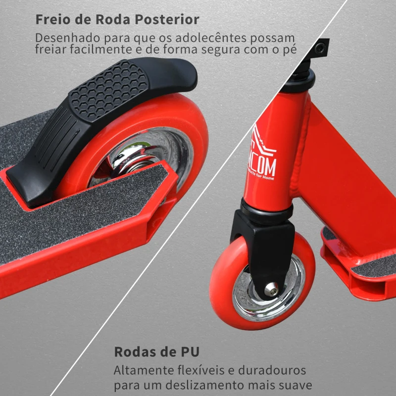 HOMCOM Trotinete de Acrobacias e Saltos Trotinete Freestyle para Adolecentes acima de 14 anos e Adultos Carga 100kg 68x46x84cm Vermelho