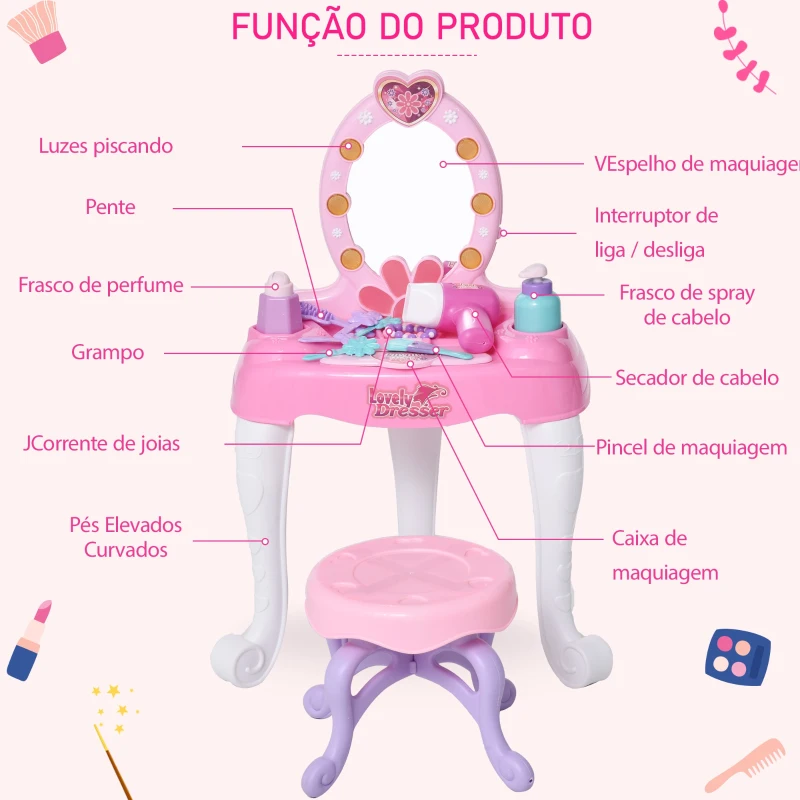 HOMCOM Conjunto de toucador infantil e cadeira de beleza com sons de luzes 35 x 20 x 59,5 cm