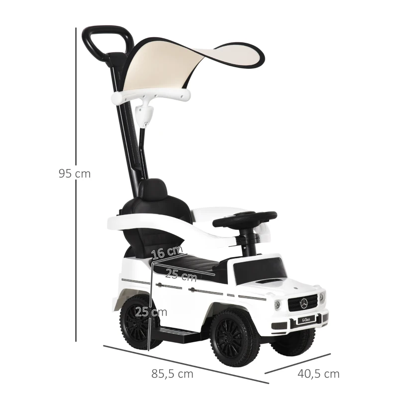 HOMCOM Carro de Passeio Carro Andador para Crianças acima de 12 Meses Mercedes G350 com Buzina Capô Removível Encosto e Suporte de Proteção 85,5x40,5x95cm Branco