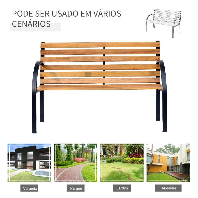 Outsunny Banco de jardim 2 lugares com encosto e apoios de braços Ripas de madeira e estrutura de aço Carga 230 kg 122x60x80 cm Cor natural e preto