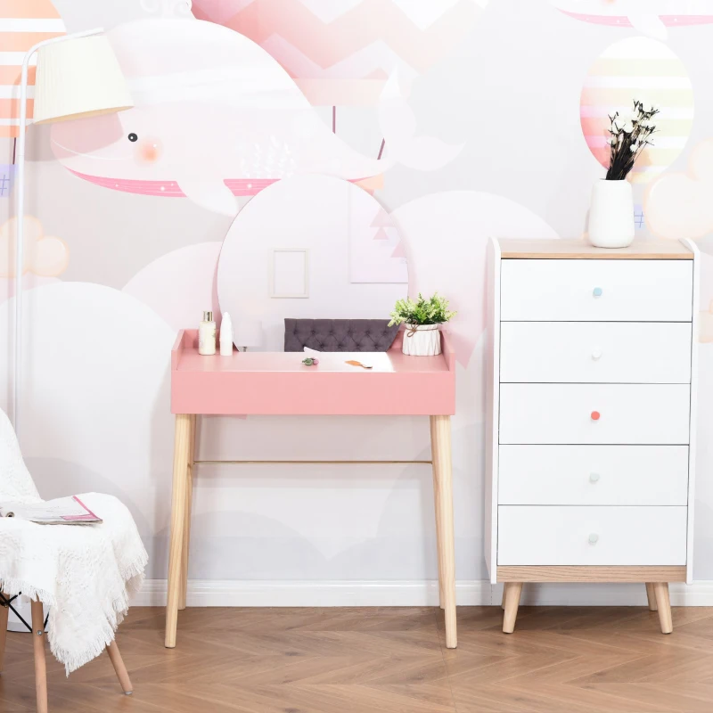 HOMCOM Toucador Vintage com Espelho Redondo Mesa de Maquilhagem com Gaveta e Pés de Madeira Inclinadas para Dormitório 76x48x123,5cm Rosa