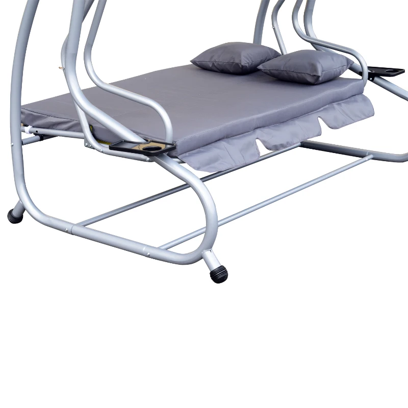 Outsunny Banco Baloiço Jardim 3 Lugares Convertível em Cama com Teto Ajustável e Bandeja para Bebidas 200x120x164 cm Cinza