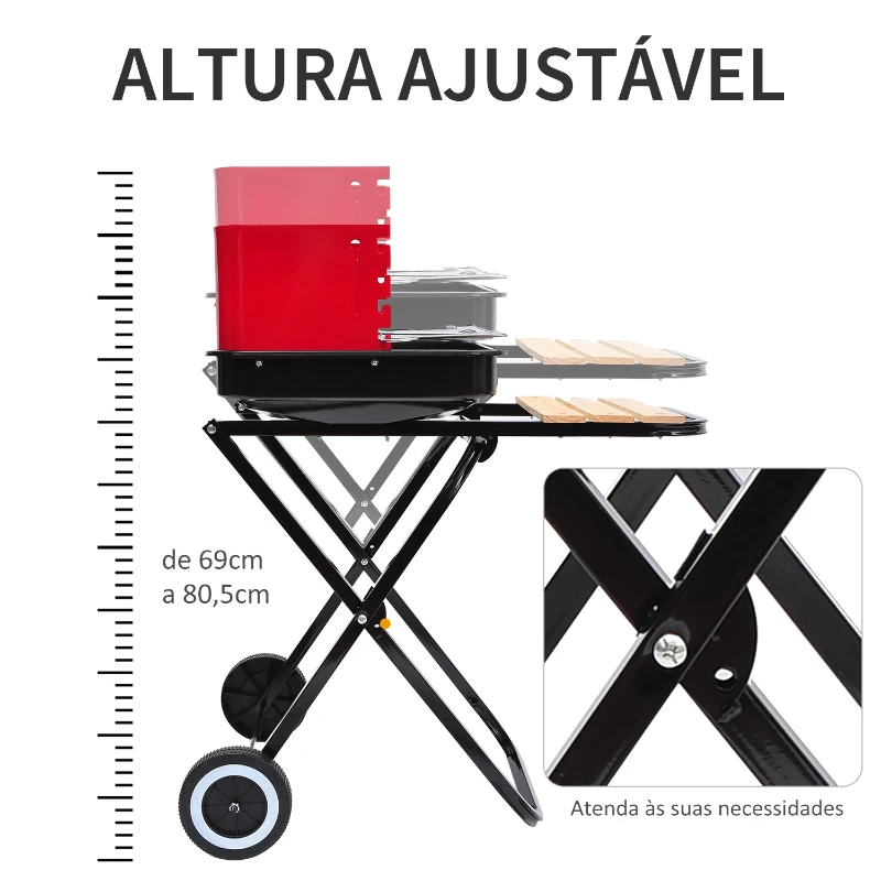 Outsunny Churrasqueira a carvão portátil e dobrável com 2 rodas Altura Ajustável para Camping 57x64x83 cm Vermelho e Preto