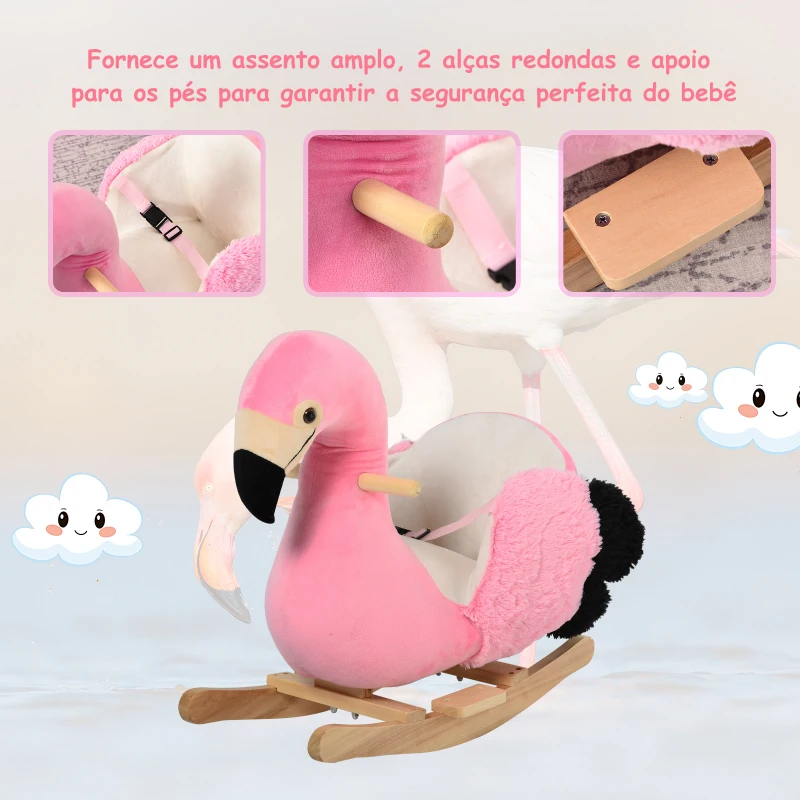 HOMCOM Cavalo de balanço modelo flamingo com cinto de segurança  de pelúcia para crianças acima de 18 meses 60x33x52cm