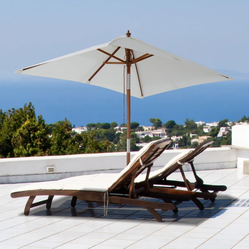 Outsunny Chapéu de Sol de Jardim 200x150x230cm Chapéu de Sol Retangular Inclinável com Polia Duplo Teto e Mastro Desmontável de Madeira para Terraço Pátio Creme