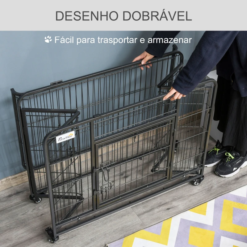 PawHut Gaiola de metal dobrável para cães com rodas e freios Bandeja removível e porta com travas  109,5x71x78 cm Cinza escuro