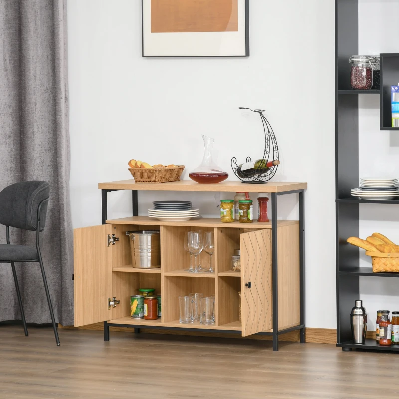 HOMCOM Aparador para Sala de Jantar e Cozinha com Estantes Abertas 2 Portas e Prateleiras Ajustáveis Estilo Moderno e Grande Armazenamento 100x35x80cm Carvalho