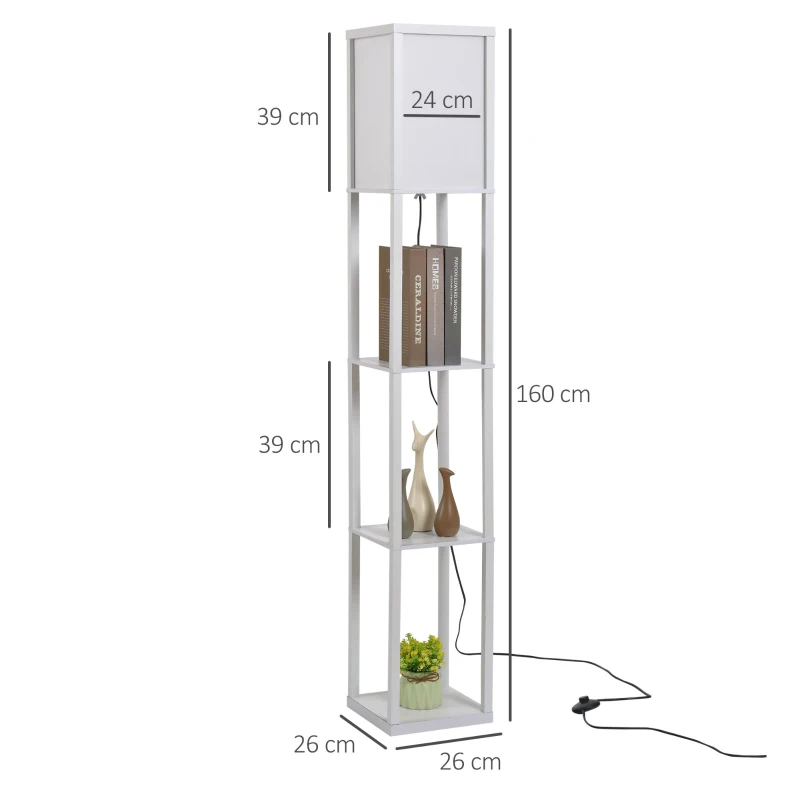 HOMCOM Candeeiro de Pé de Madeira com 3 Prateleiras De Armazenamento para Lâmpada E27 Potência Máx. 40W Candeeiro Moderno para Sala de Estar Dormitório 26x26x160cm Branco