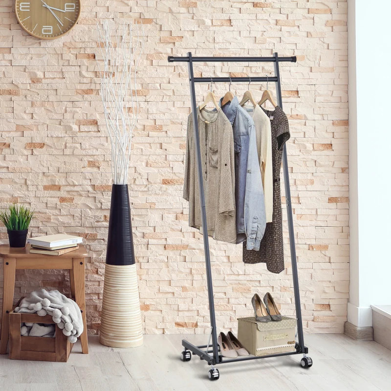 HomCom® Cabide Burro com Rodas Barra para Pendurar Roupa Metálico Estante 68x41x155cm