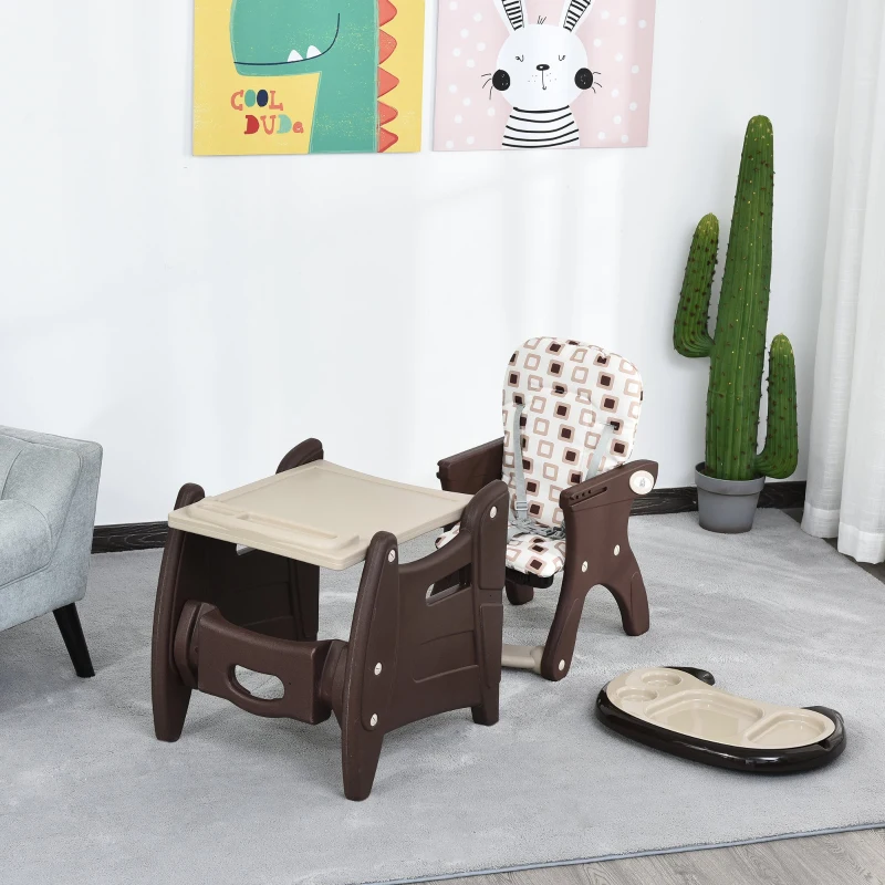 HOMCOM Cadeira para bebês 3 em 1 por mais de 6 meses Transformar em mesa e cadeira multifuncional Ajustável em 3 posições encosto alto Acolchoado com 2 bandejas removíveis 57x59x105 cm Marrom