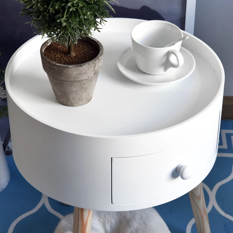 HOMCOM Mesa Apoio Redonda com 1 Gaveta Borda Elevada e 3 Pés de Madeira  Estilo Moderno Ø38x45 cm Branco
