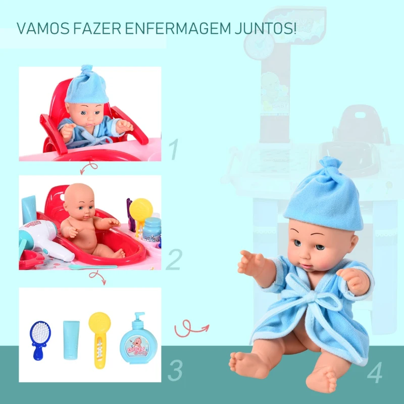 HOMCOM Conjunto médico infantil, conjunto médico de brinquedo, conjunto de simulação de enfermagem para crianças acima de 3 anos, 28 peças, brinquedo educacional 52 x 30,5 x 72cm rosa