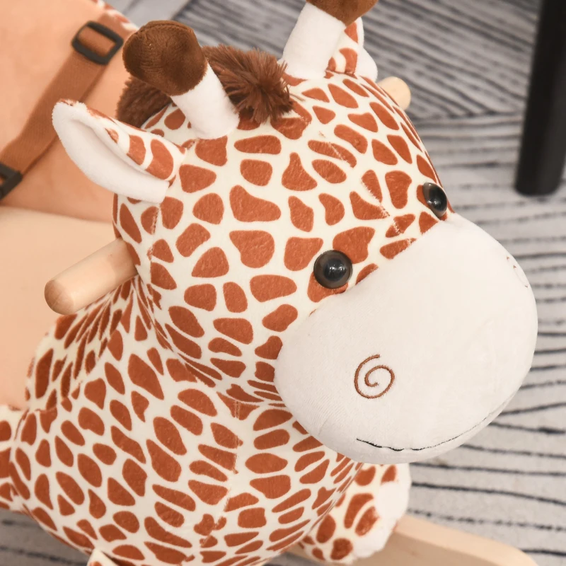 HOMCOM Baloiço para Crianças em Madeira com 32 Canções Cinturão de Segurança Girafa de Pelúcia 60x33x45 cm Marrom Claro