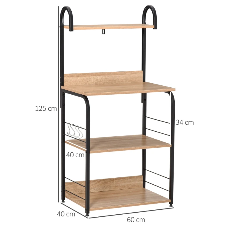 HOMCOM Estante de Cozinha para Microondas com 4 Níveis Ganchos e Pés Ajustáveis Estante de Armazenamento 60x40x125cm Madeira Natural