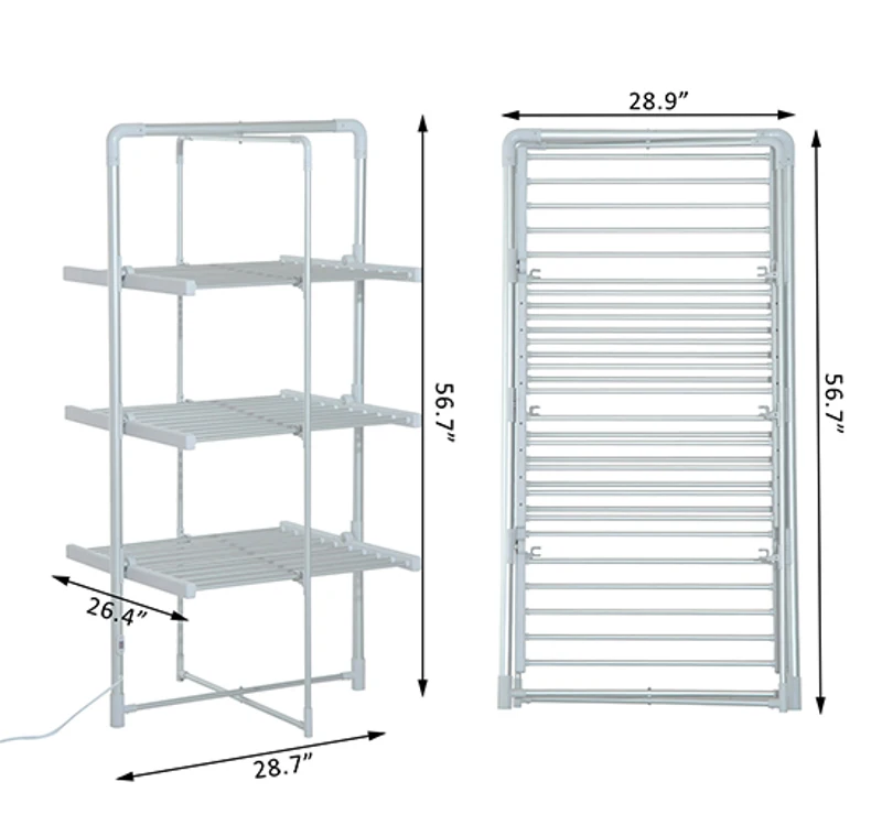 HOMCOM Varal Elétrico Dobrável   3 níveis Secador de roupa com 30 barras de alumínio quente 73x67x144cm