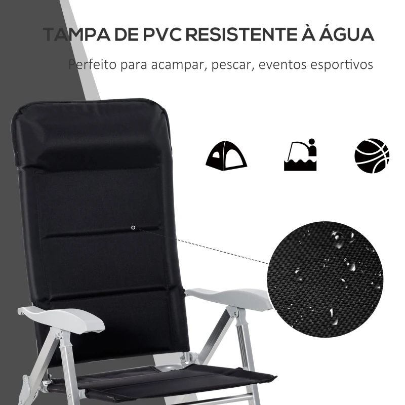 Outsunny Cadeira de jardim dobrável de alumínio com encosto alto ajustável de 7 posições e encosto de cabeça acolchoado 75x61,5x114,5 cm Preto