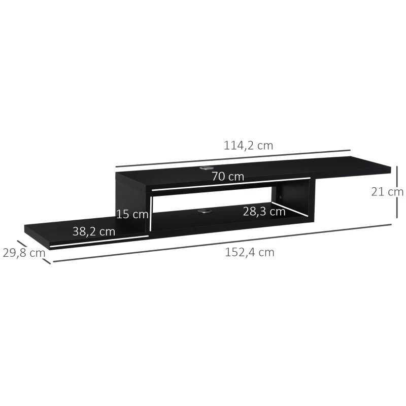 HOMCOM movel flutuante de TV para televisão de até 60 polegadas  com 2 prateleiras de madeira 152,4x29,8x21 cm Preto