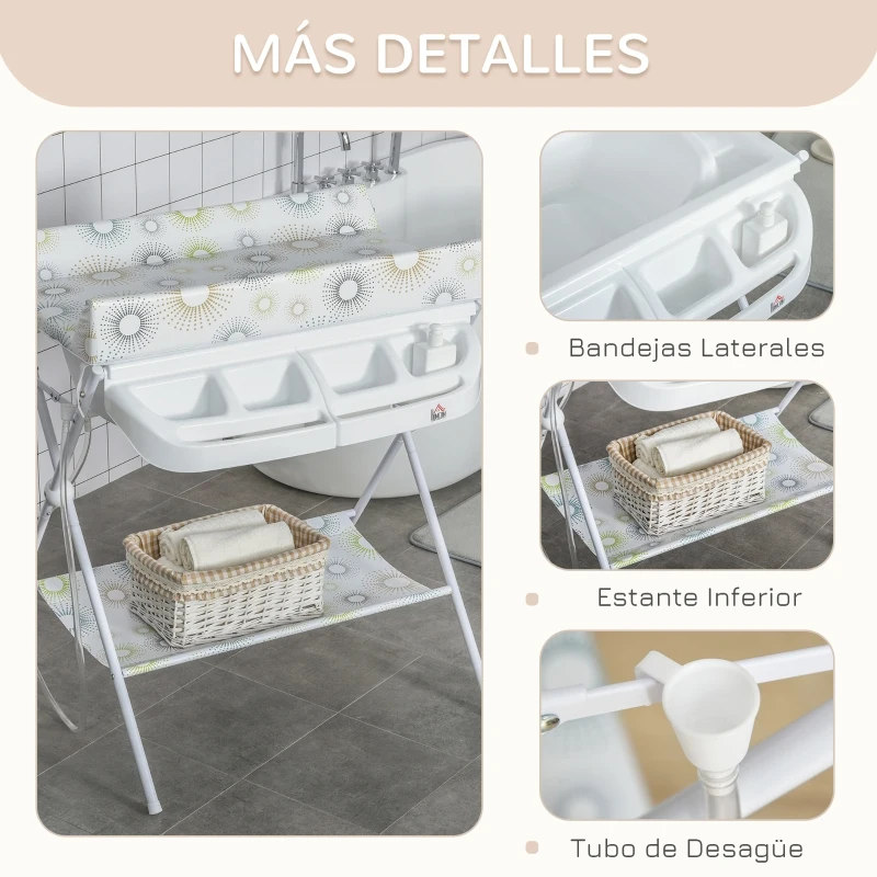HOMCOM Cambiador y Bañera 2 en 1 para Bebé 0-12 Meses Plegable con Múltiples Espacios de Almacenamiento Estante Inferior Carga Máx. 15 kg 80x70x95 cm Blanco
