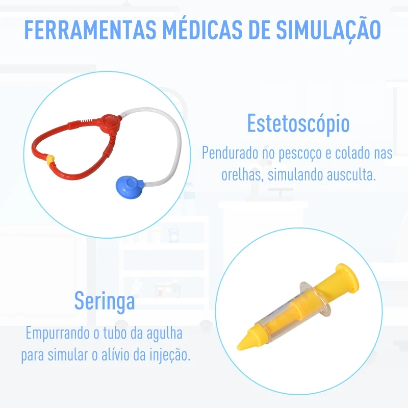 HOMCOM Conjunto médico infantil para crianças acima de 3 anos Kit médico infantil com  26 PCS Kit de brinquedos educativos Branco azul