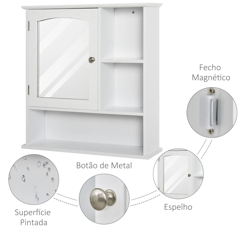 kleankin Gabinete de banheiro com grande espelho com prateleira ajustável interna e prateleiras abertas 60x18x63 cm Branco