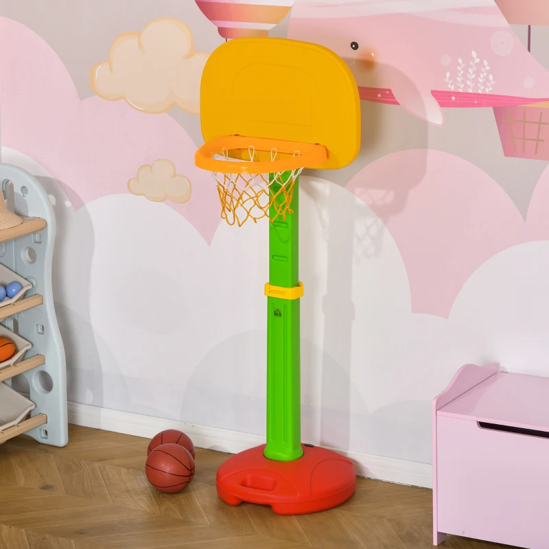 HOMCOM Tabela de Basquetebol Infantil para Crianças acima de 3 anos Altura Ajustável 2 Bolas e Inflador 52,5x44x120-160cm Amarelo Verde Vermelho